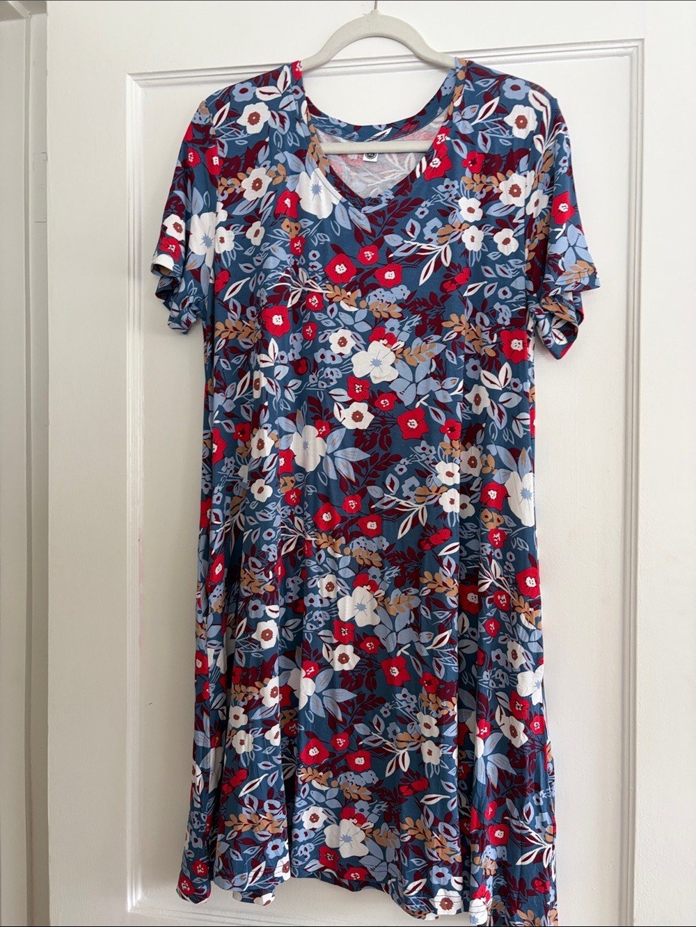 NWOT Floral V-Neck Short Sleeve Swing Dress WITH POCKETS in Blue and Red